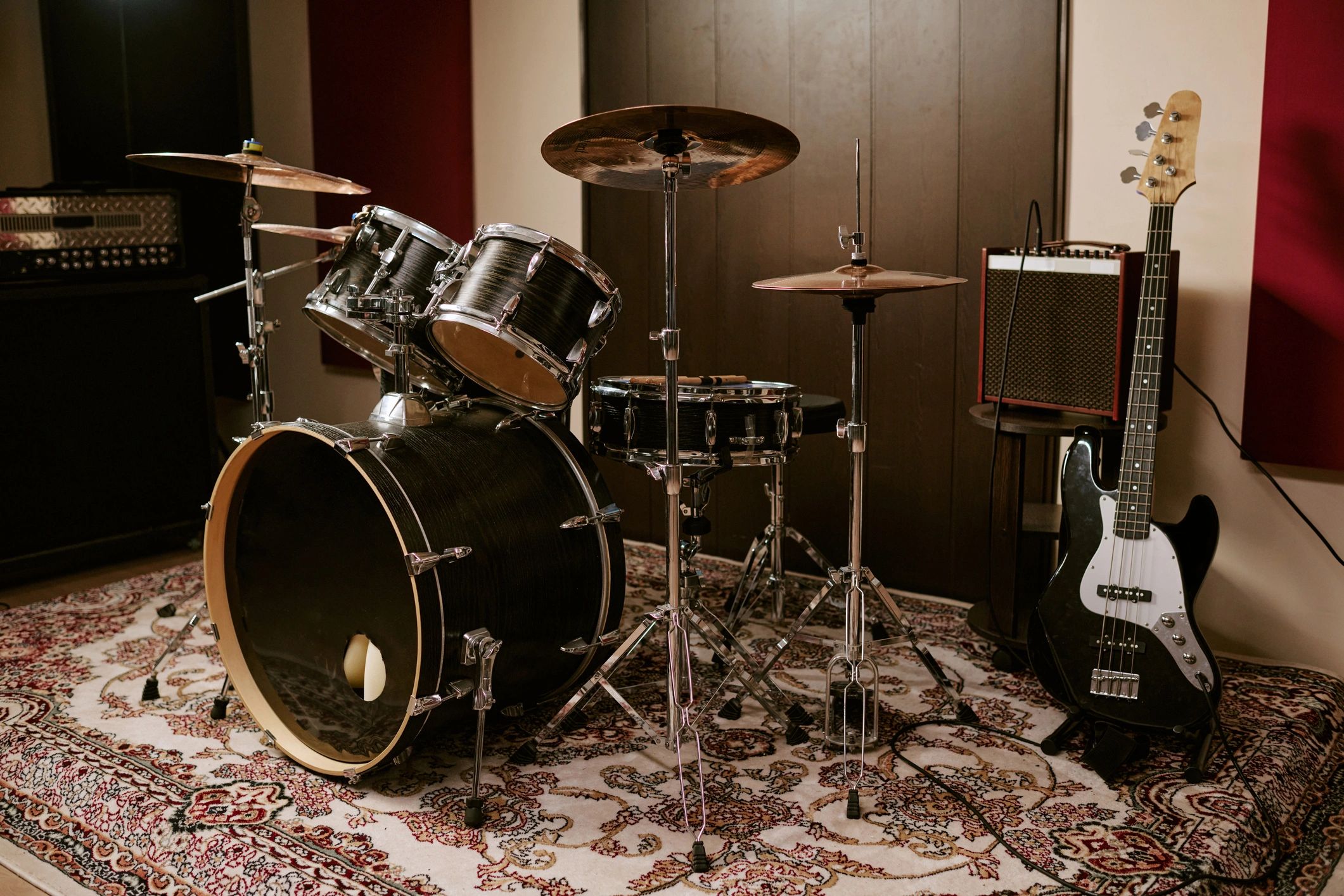 Music group rehearsal in studio